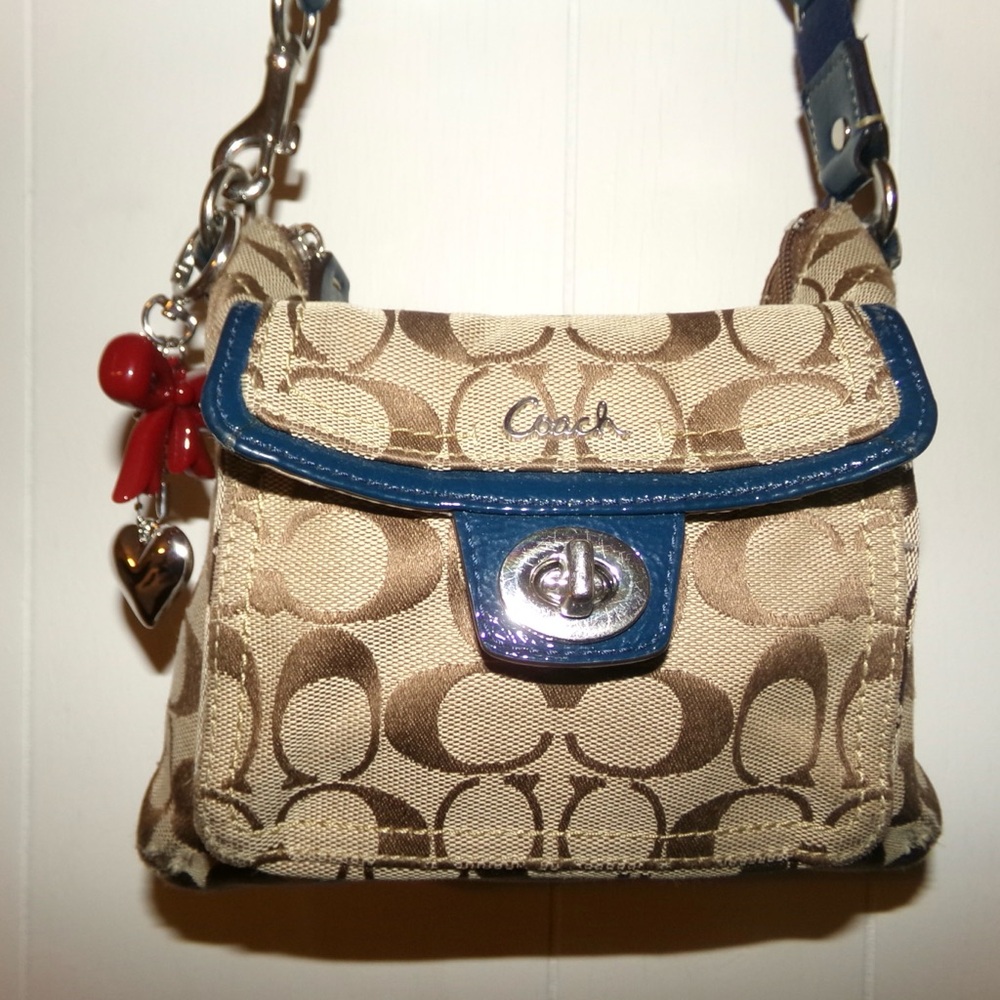 Coach Tan and Blue Signature Shoulder Bag